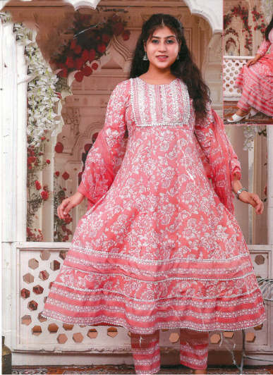 PickCell Cotton Embrodiary Work Long Frock Style Kurti with Bottom & Dupatta