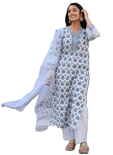 PickCell Cotton Printed Kurti Set With Bottom & Dupatta (3 Pcs Set)