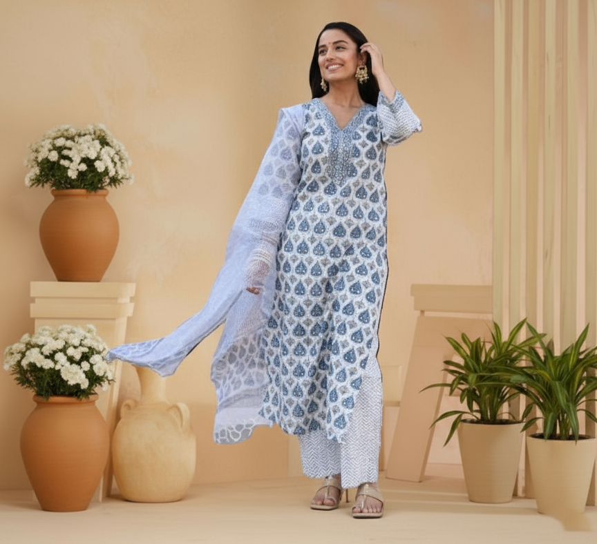 PickCell Cotton Printed Kurti Set With Bottom & Dupatta (3 Pcs Set)