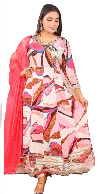 PickCell Heavy Embroidary  Foil Print  Ghera Hand Work 3 Pcs Set