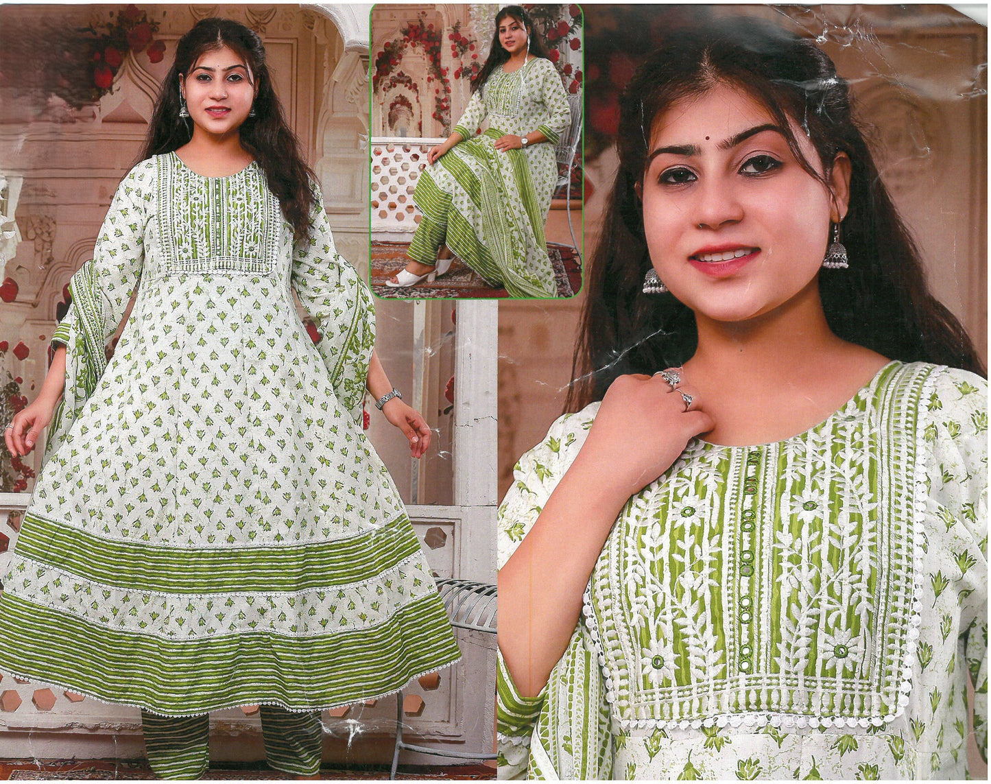 PickCell Cotton Embrodiary Work Long Frock Style Kurti with Bottom & Dupatta