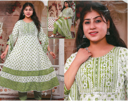 PickCell Cotton Embrodiary Work Long Frock Style Kurti with Bottom & Dupatta