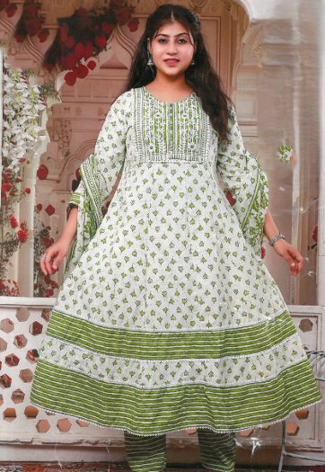 PickCell Cotton Embrodiary Work Long Frock Style Kurti with Bottom & Dupatta