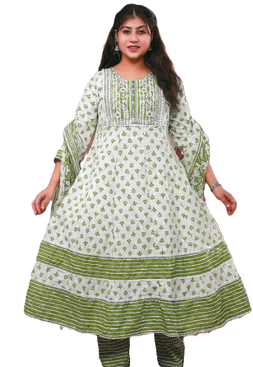 PickCell Cotton Embrodiary Work Long Frock Style Kurti with Bottom & Dupatta