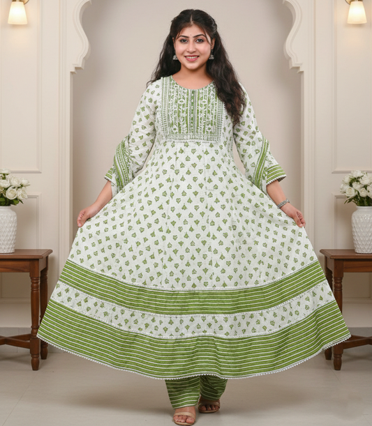 PickCell Cotton Embrodiary Work Long Frock Style Kurti with Bottom & Dupatta