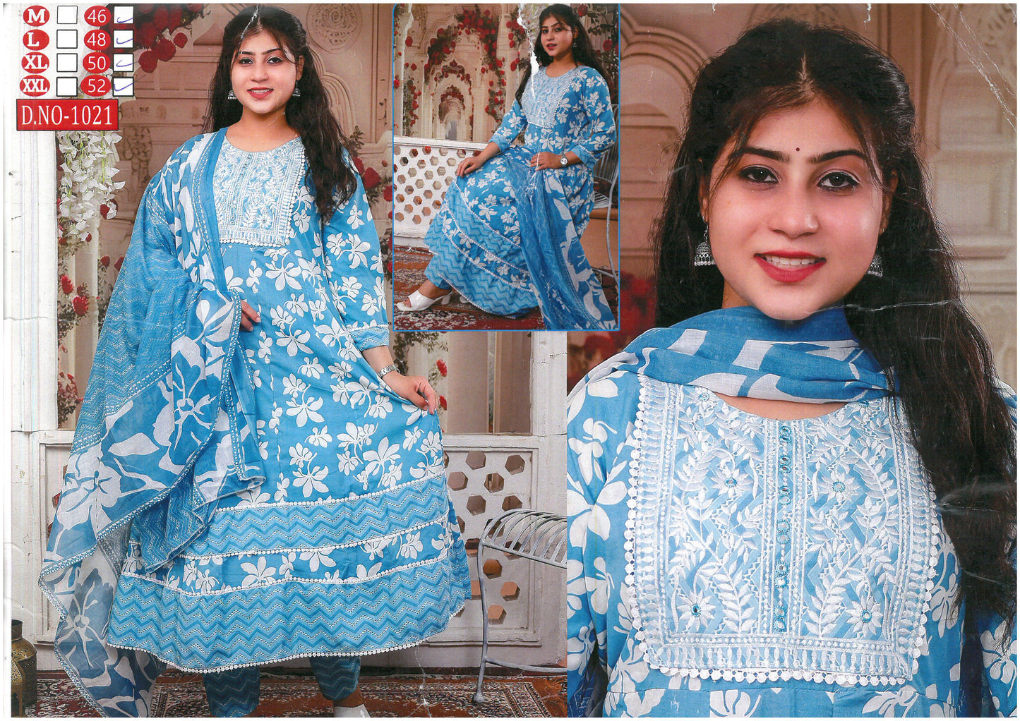 PickCell Cotton Embrodiary Work Long Frock Style Kurti with Bottom & Dupatta