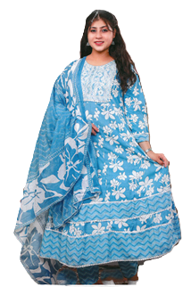 PickCell Cotton Embrodiary Work Long Frock Style Kurti with Bottom & Dupatta