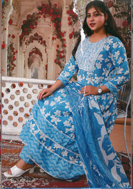 PickCell Cotton Embrodiary Work Long Frock Style Kurti with Bottom & Dupatta