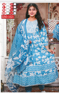 PickCell Cotton Embrodiary Work Long Frock Style Kurti with Bottom & Dupatta