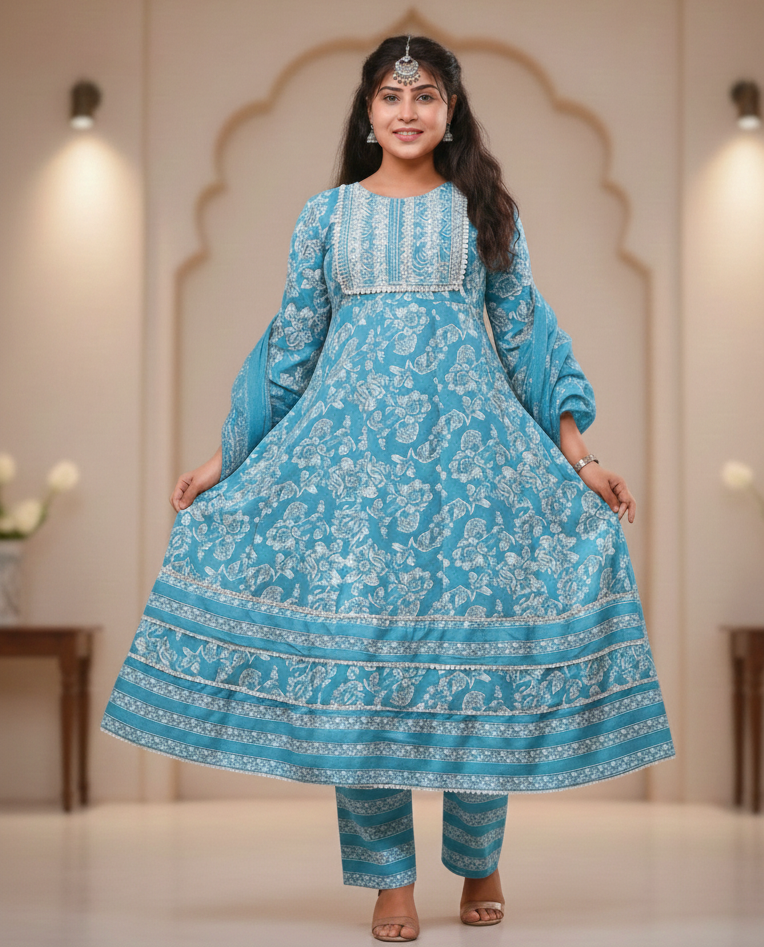 PickCell Cotton Embrodiary Work Long Frock Style Kurti with Bottom & Dupatta