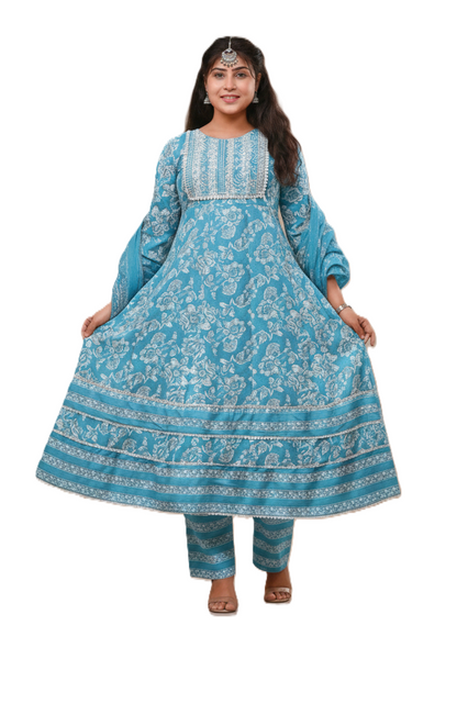 PickCell Cotton Embrodiary Work Long Frock Style Kurti with Bottom & Dupatta