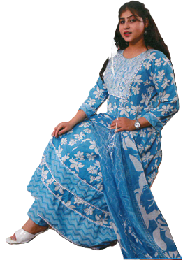 PickCell Cotton Embrodiary Work Long Frock Style Kurti with Bottom & Dupatta