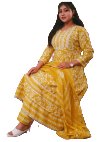 PickCell Cotton Embrodiary Work Long Frock Style Kurti with Bottom & Dupatta