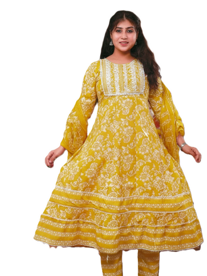 PickCell Cotton Embrodiary Work Long Frock Style Kurti with Bottom & Dupatta