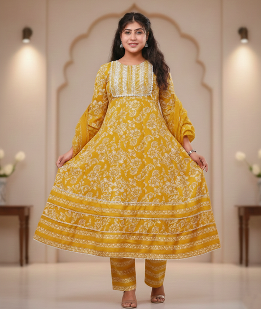 PickCell Cotton Embrodiary Work Long Frock Style Kurti with Bottom & Dupatta