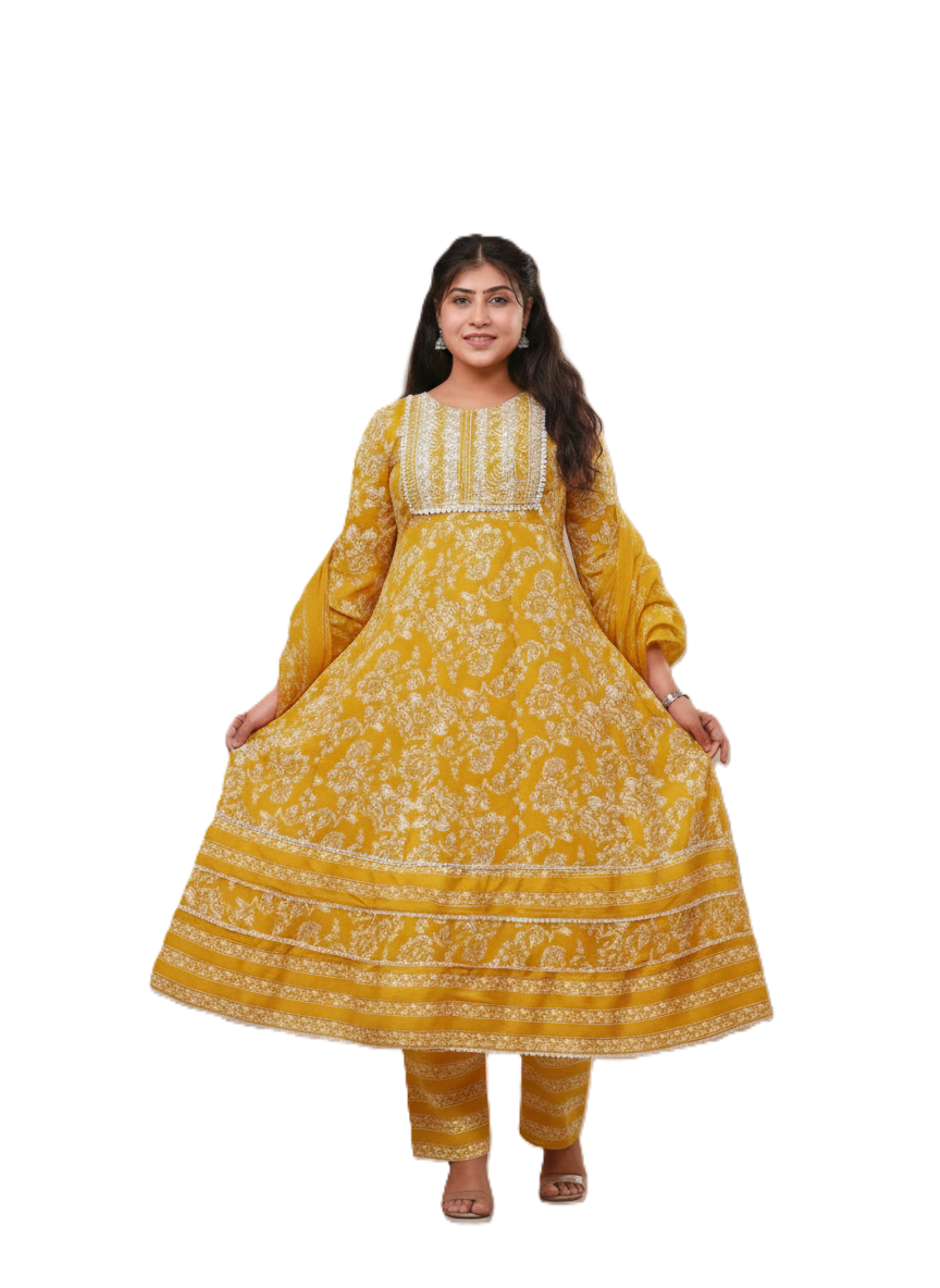 PickCell Cotton Embrodiary Work Long Frock Style Kurti with Bottom & Dupatta