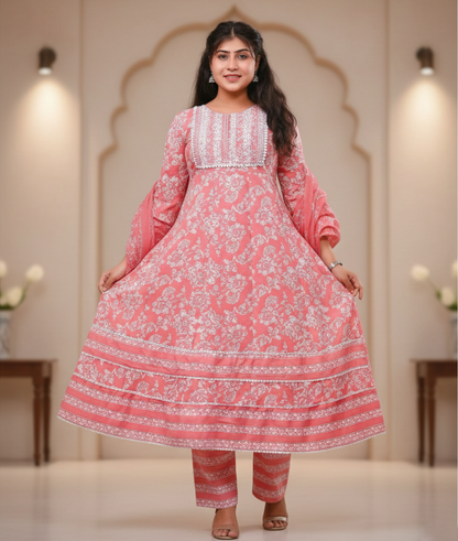 PickCell Cotton Embrodiary Work Long Frock Style Kurti with Bottom & Dupatta