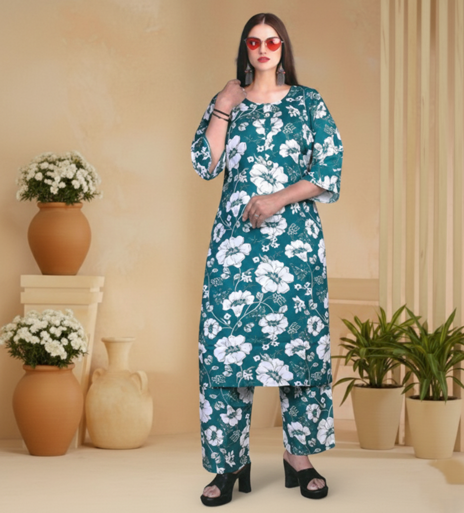 PickCell Heavy Reyon Printed Long Coord Set  for Women (Big Size)