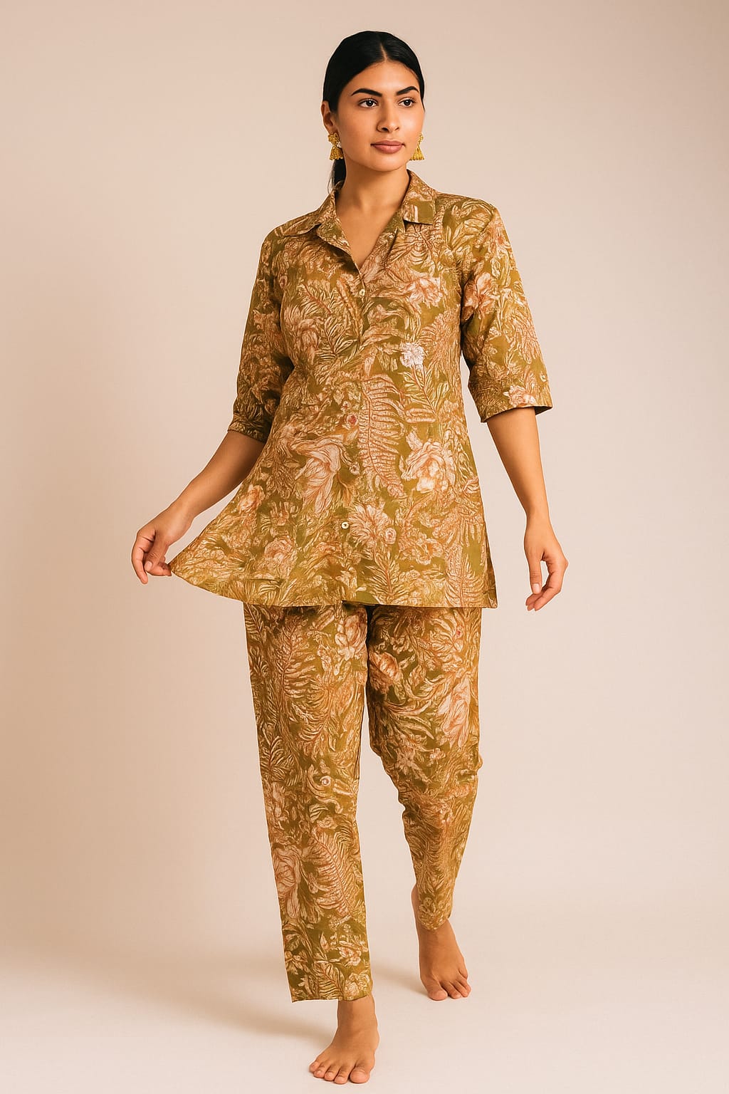 PickCell Olive Printed Delta Fabric Coord Set for Women