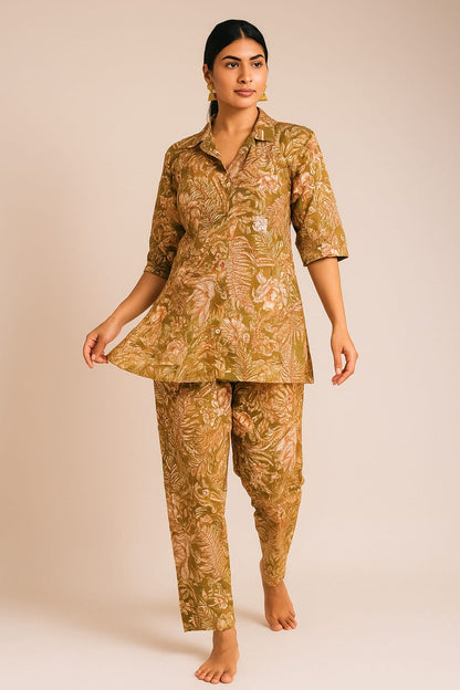 PickCell Olive Printed Delta Fabric Coord Set for Women