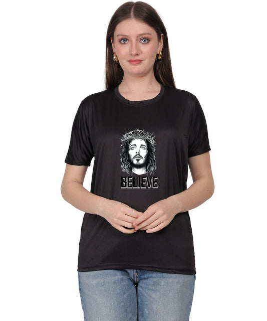 Religious Graphic T-Shirt, Red Cotton Blend, Short Sleeve, Believe Design