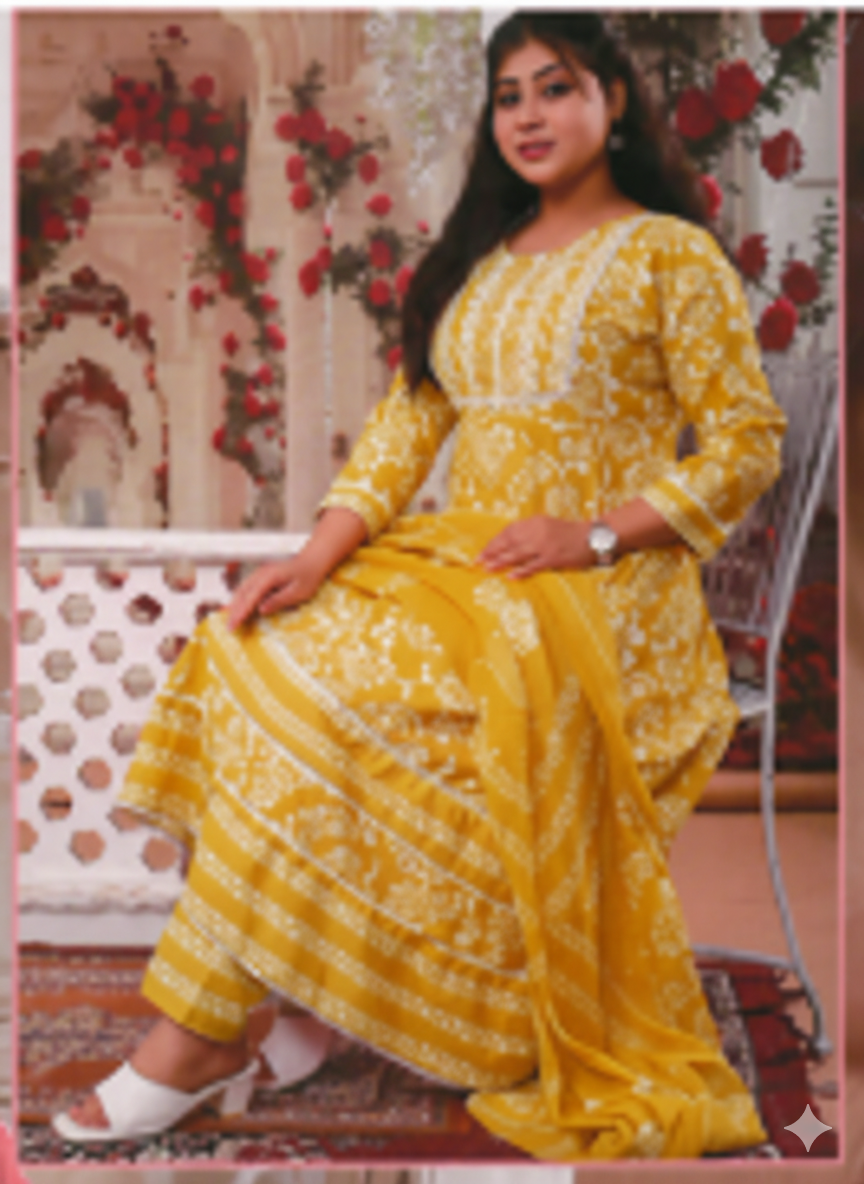 PickCell Cotton Embrodiary Work Long Frock Style Kurti with Bottom & Dupatta