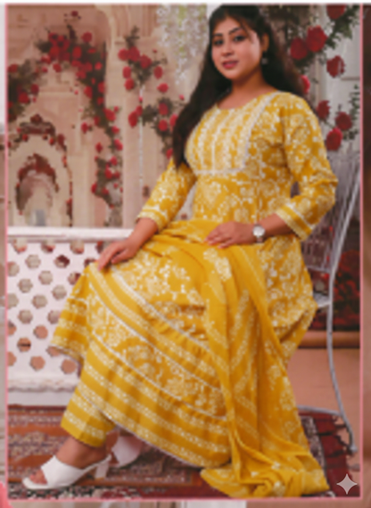 PickCell Cotton Embrodiary Work Long Frock Style Kurti with Bottom & Dupatta