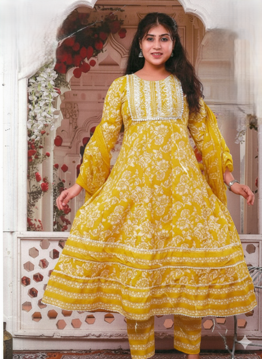 PickCell Cotton Embrodiary Work Long Frock Style Kurti with Bottom & Dupatta