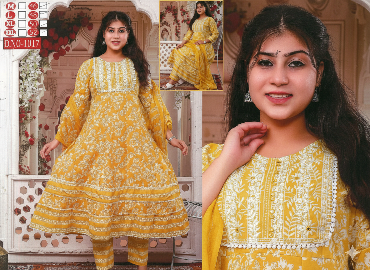 PickCell Cotton Embrodiary Work Long Frock Style Kurti with Bottom & Dupatta