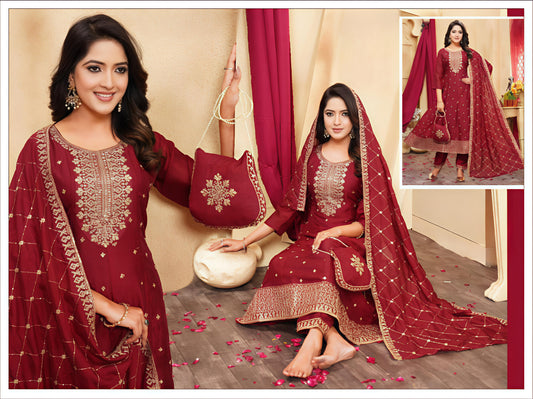 PickCell Embroidery Work Ghera Kurti Set with Bottom & Dupatta – Premium Women’s Ethnic Wear in Vichitra Fabric