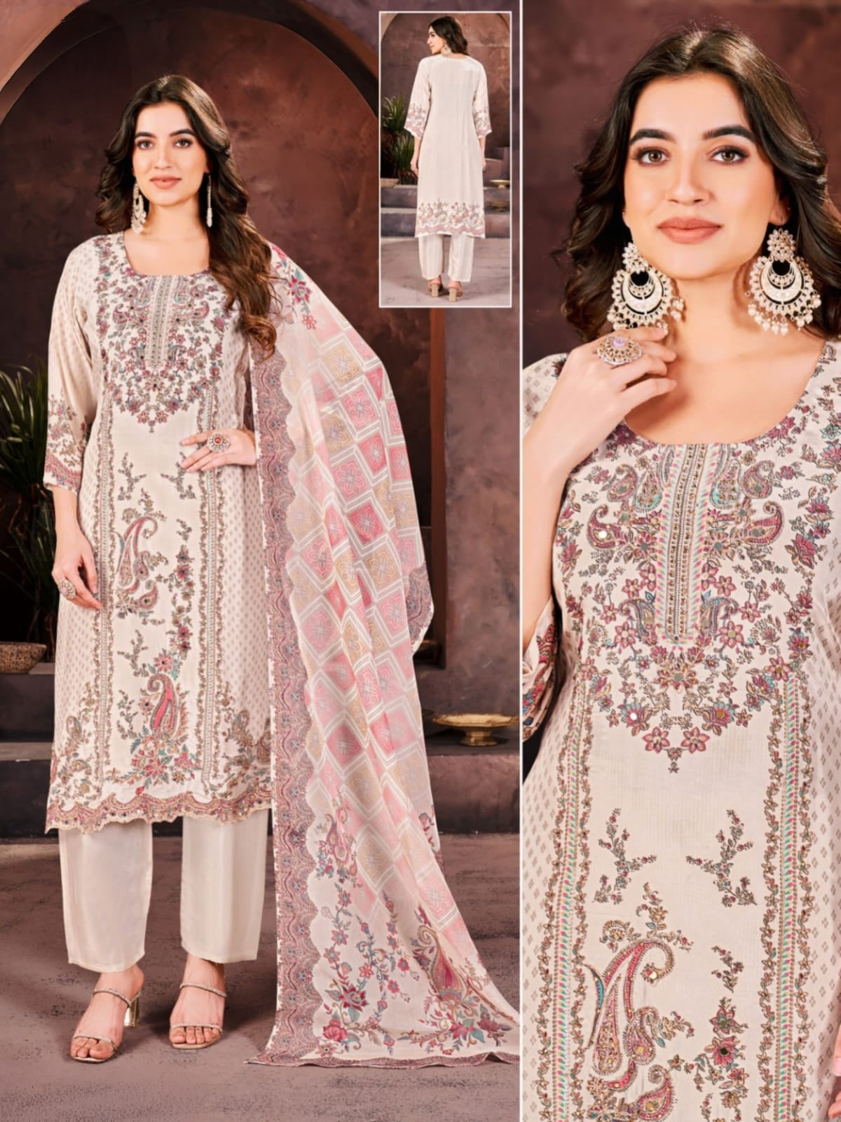 PickCell Digital Print Kurti set  with Embroidery & Mirror Work Cream Bell (Cream Color)