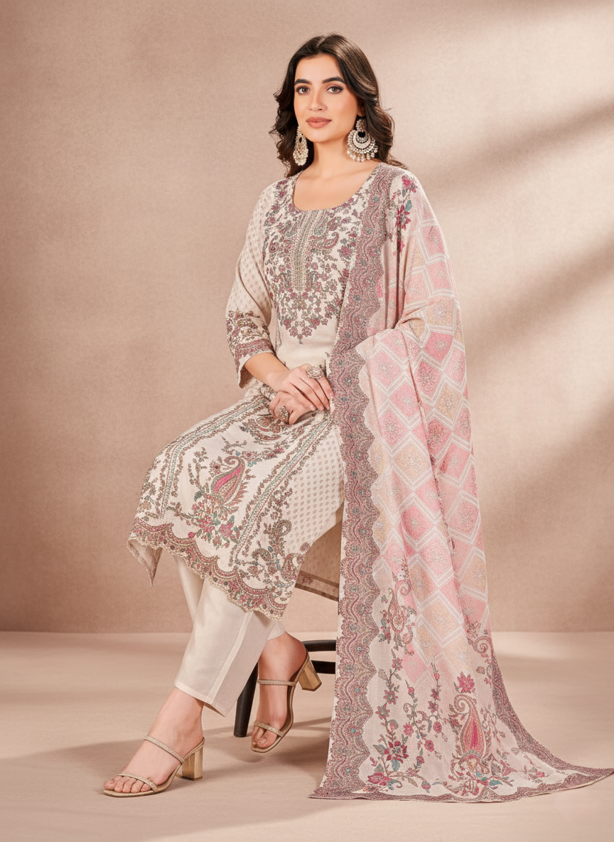 PickCell Digital Print Kurti set with Embroidery & Mirror Work – Crape Fabric | Cream Bell (Cream Color)