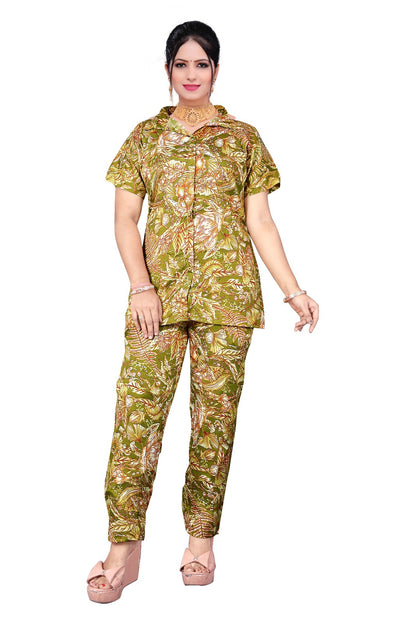 PickCell Olive Printed Delta Fabric Coord Set for Women