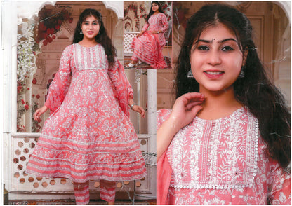 PickCell Cotton Embrodiary Work Long Frock Style Kurti with Bottom & Dupatta